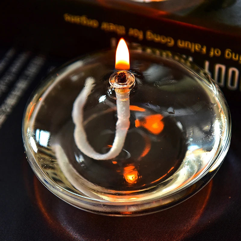 Hand Crafted Transparent Oil Lamp in a Glass Candle Holder | Ideal for a Rustic Christmas Dinner Decoration.