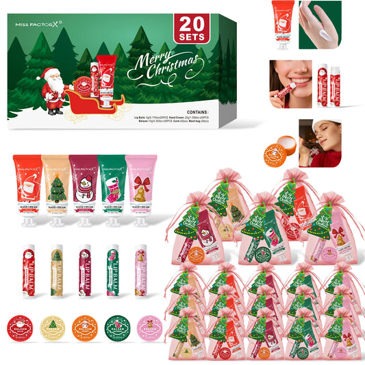 Christmas assembly gift set | 20 sets, including balm, hand cream, lipstick, red gauze bag, Christmas tree and thank you card