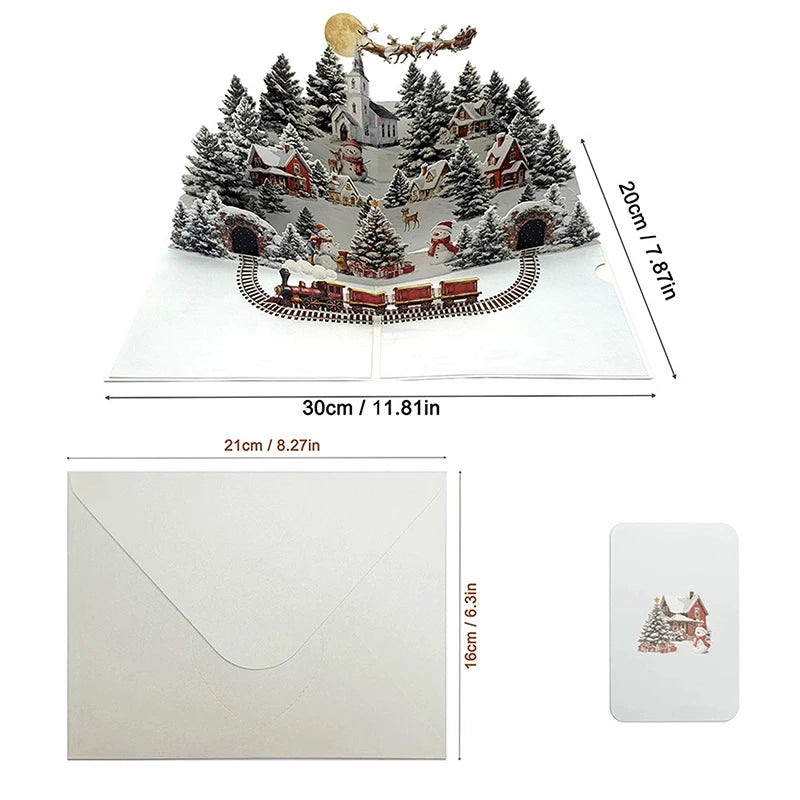 3D Christmas Card | Night Before Christmas Scene With Santa, Reindeer, Snowy Village & Moonlit Sky Festive Holiday Greeting Card