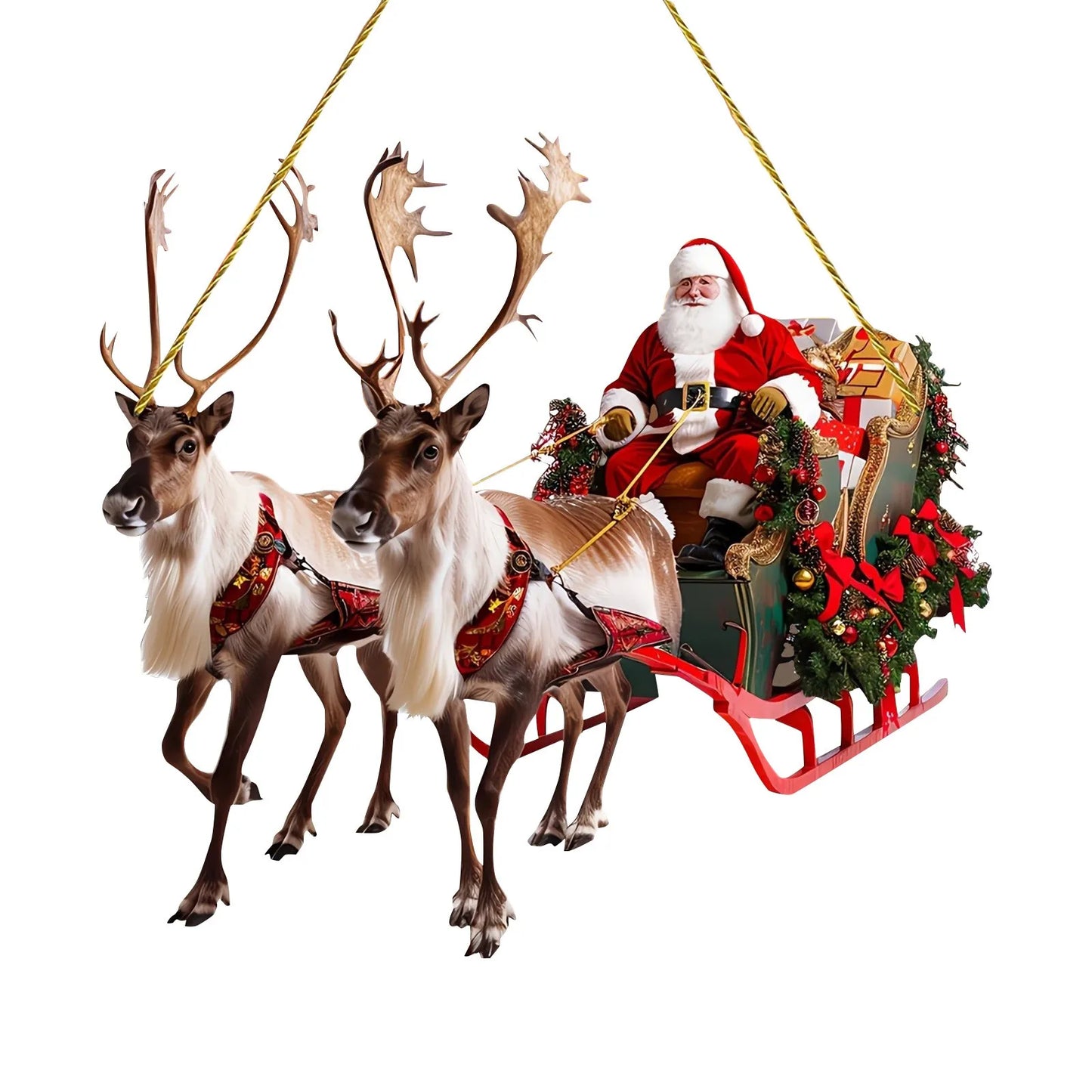 Christmas Reindeer Sleigh Santa Figurine 2D | Acrylic Christmas Santa Claus on Sleigh Decoration