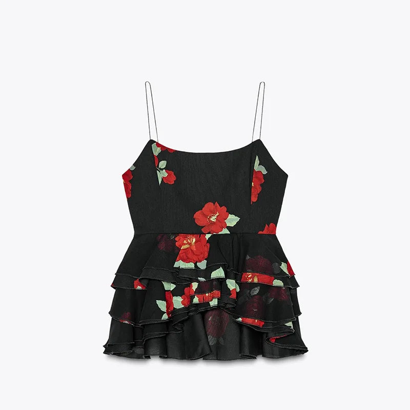 Elegant Ruffle Top Skirt Set Women Chic Print Sleeveless Backless Sling Top Hip Package Long Skirt Sets 2025 Summer Lady Dress