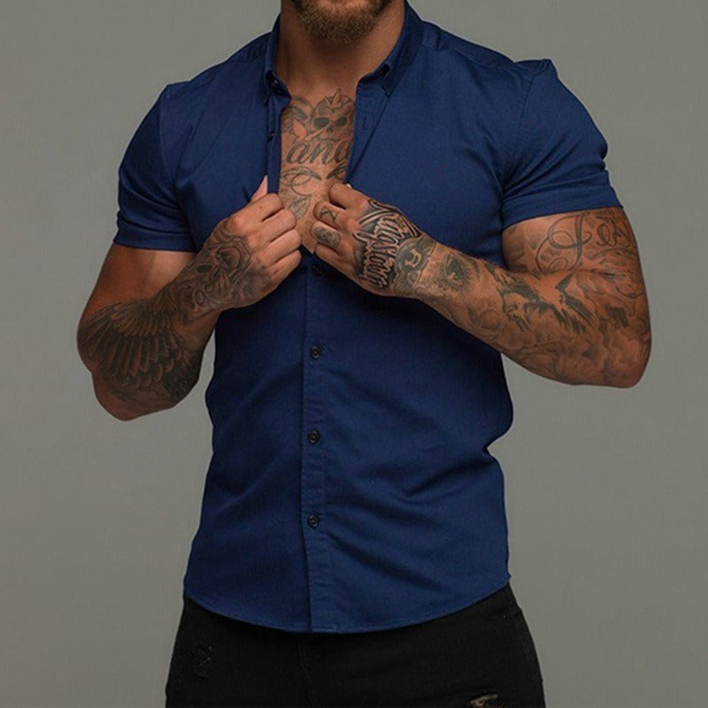 Short Sleeve Lapel Shirt Elastic Thin Solid Color