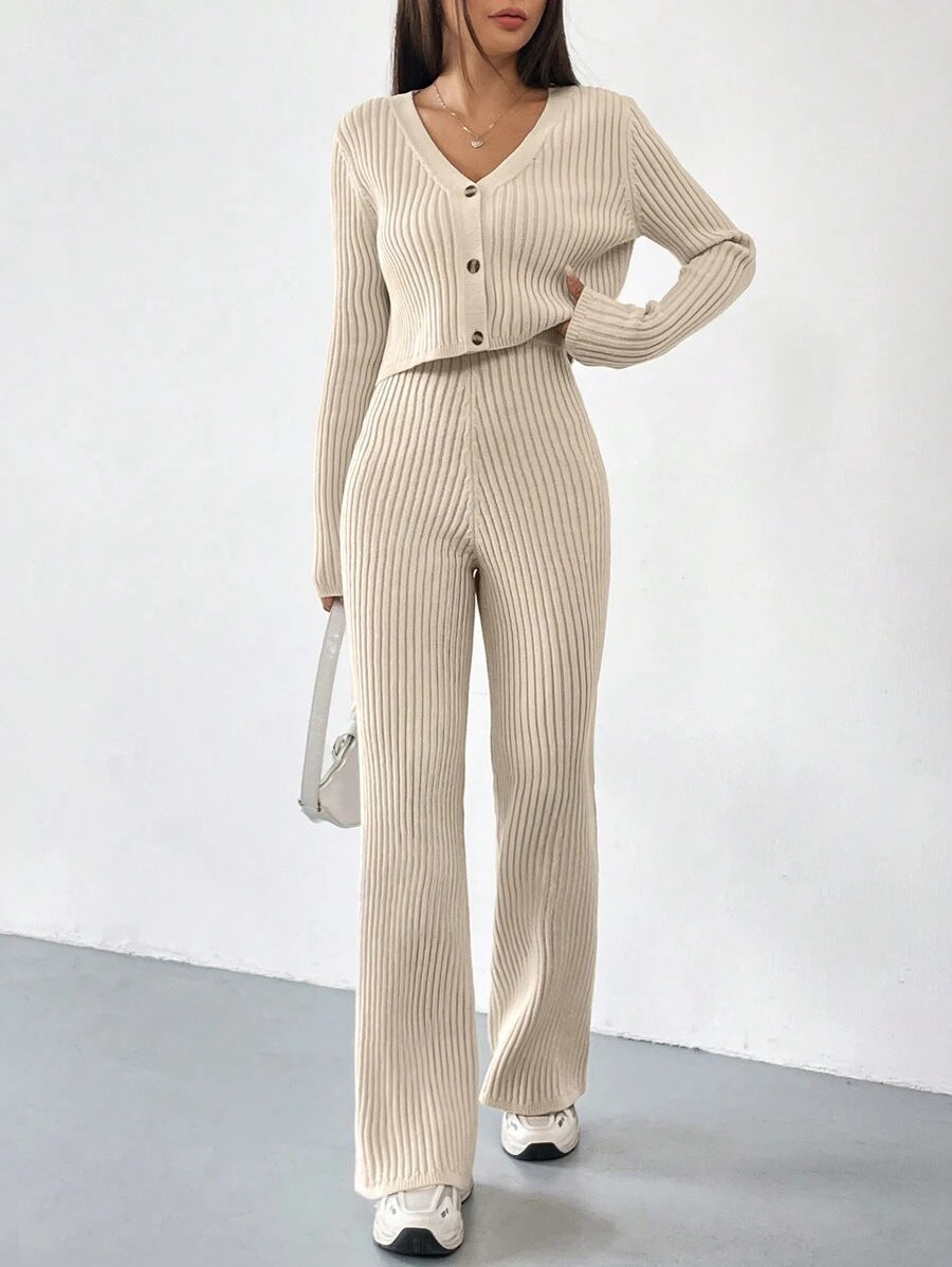 Solid Color Knitted Two-piece Women's V-neck Short Knitted Cardigan Bootcut Trousers Versatile Casual Women's Clothing