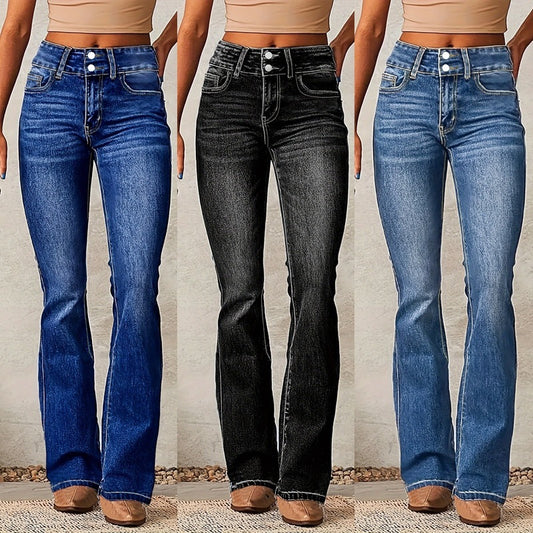 Skinny Flared Jeans With Pockets Fashion Button Zipper Trousers Women's Slim Denim Pants