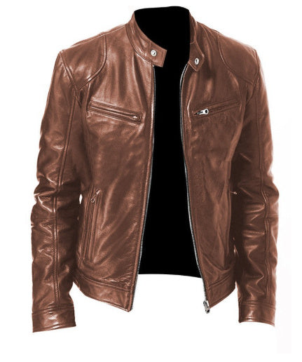Men's Zip Cardigan PU Leather Jacket With Stand Collar