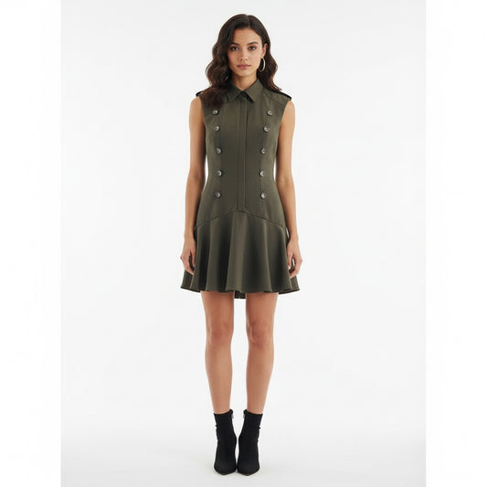 Women's Short Dress With Padded Shoulder Laminated Decoration