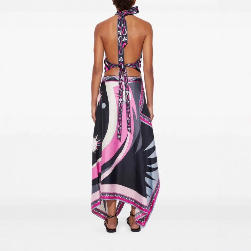 Printed Satin Halter Backless Top Irregular Skirt Two-piece Suit
