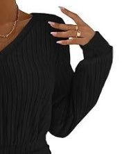 Solid Color And V-neck Long Sleeve Pleated Mini Short Dress