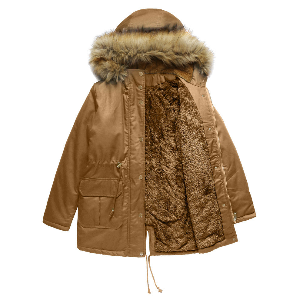 Hooded Fur Collar Fleece-lined Warm Jacket