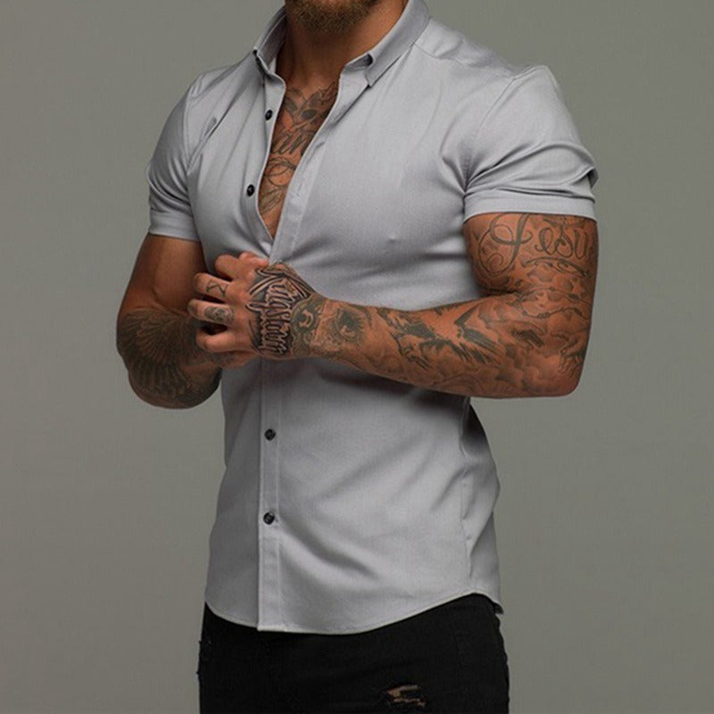 Short Sleeve Lapel Shirt Elastic Thin Solid Color