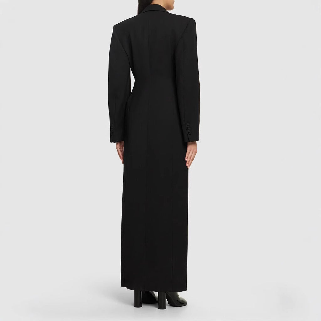 Satin Inlaid Color Collar Double Breasted Black Suit Trench Coat
