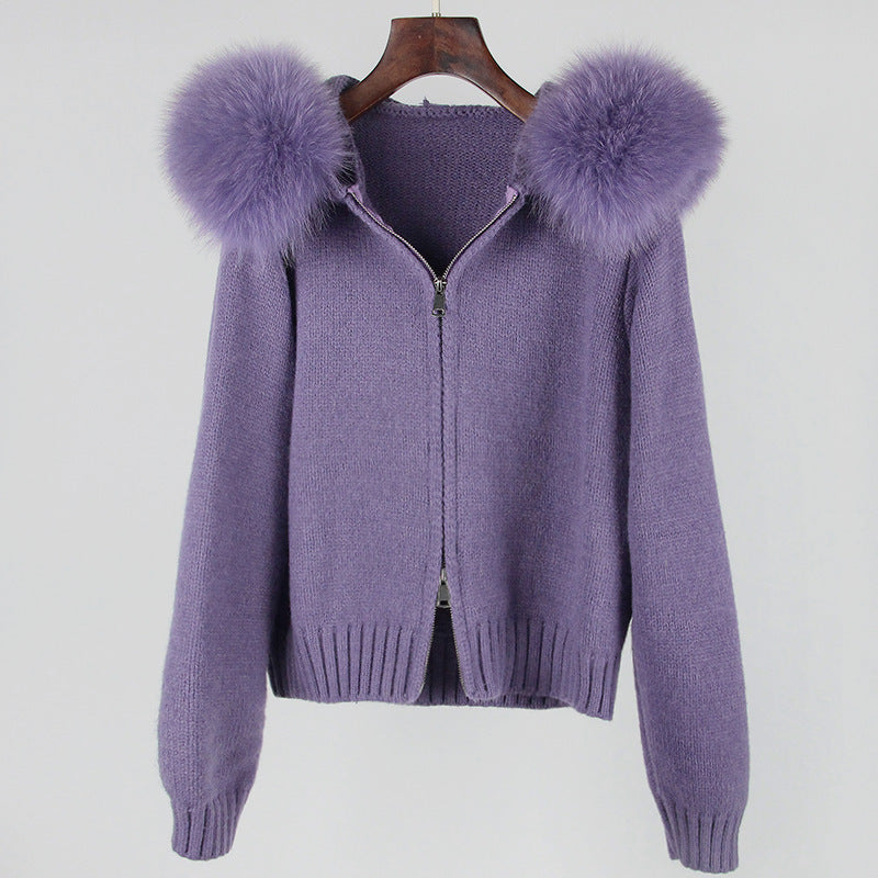 Leisure Hooded Real Fox Fur Collar Fashion All-match Sweater Outer Fur Coat