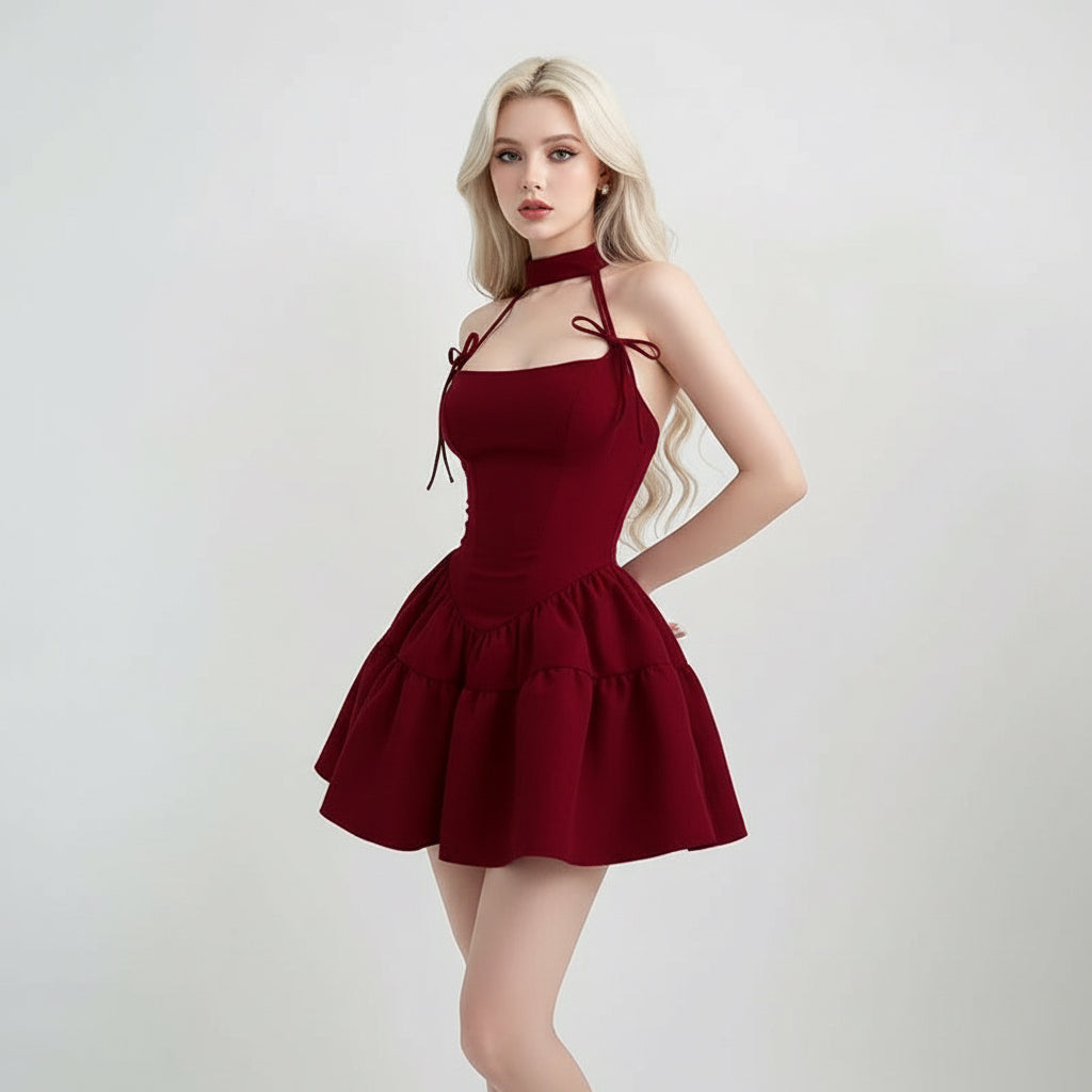 Red Bow Bandage Halter Dress