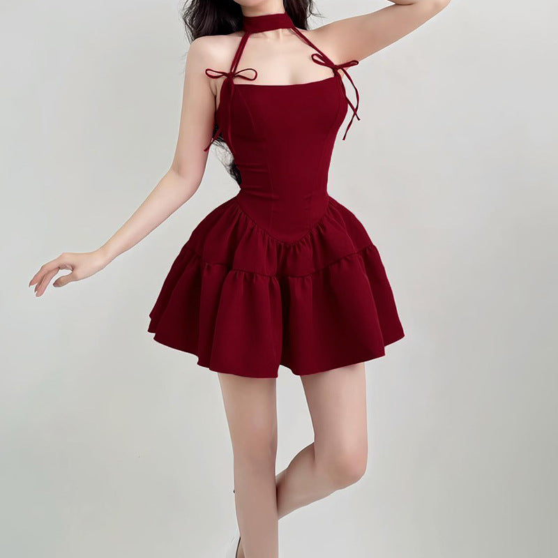 Retro Red Bow Bandage Halter Dress