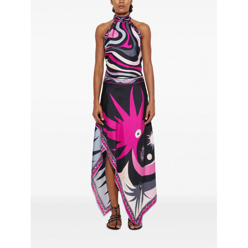 Printed Satin Halter Backless Top Irregular Skirt Two-piece Suit