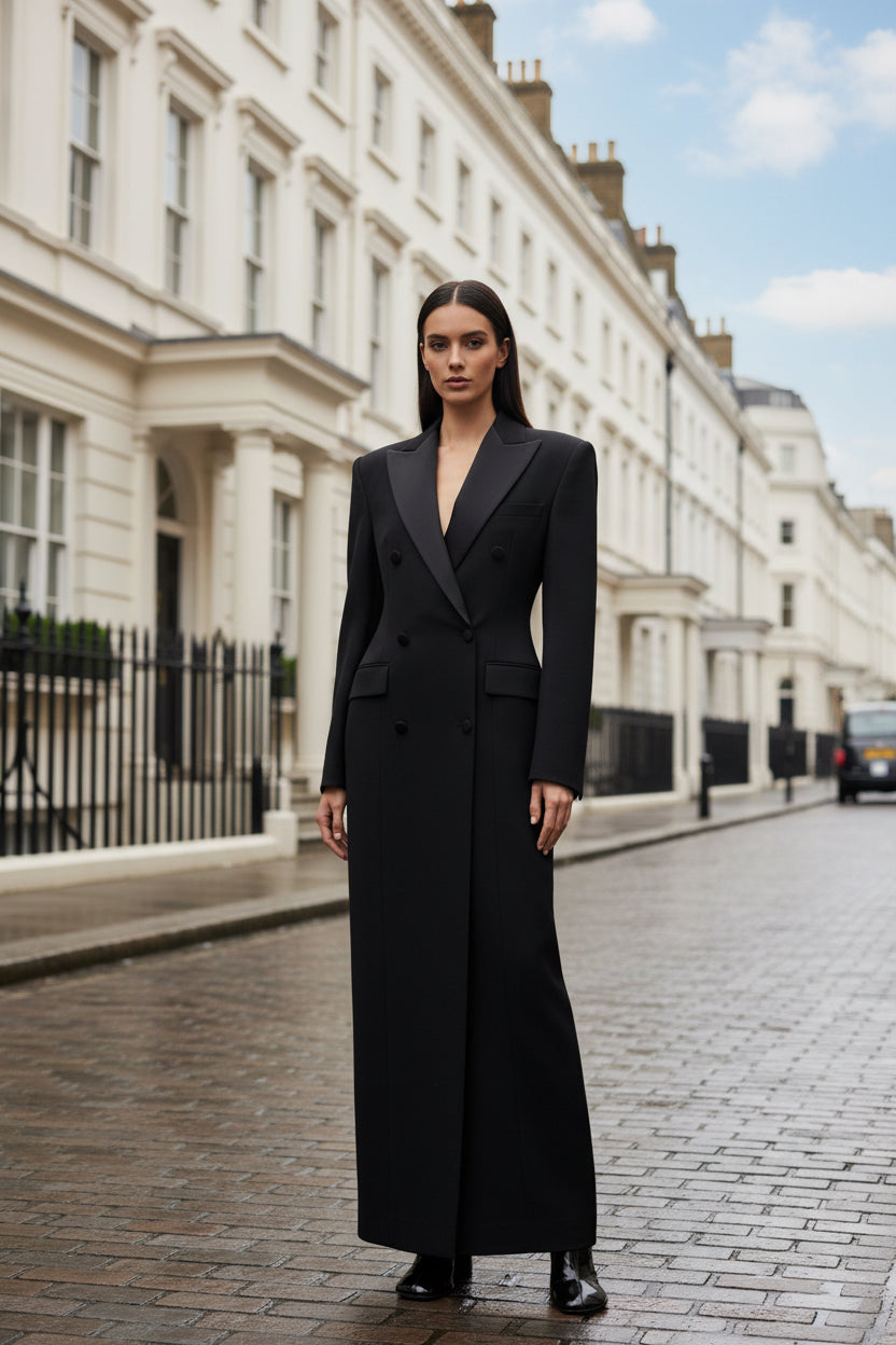 Satin Inlaid Color Collar Double Breasted Black Suit Trench Coat