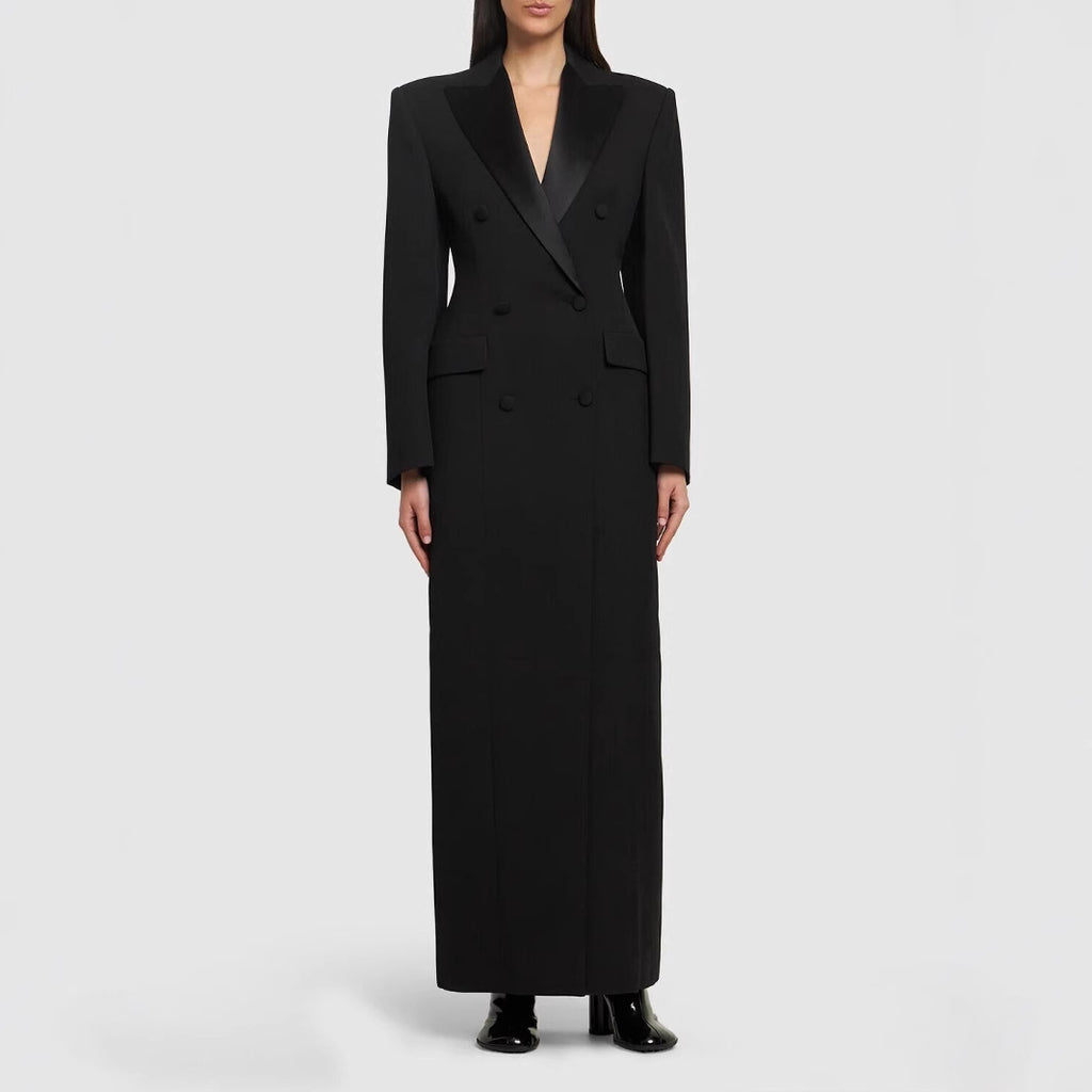 Satin Inlaid Color Collar Double Breasted Black Suit Trench Coat