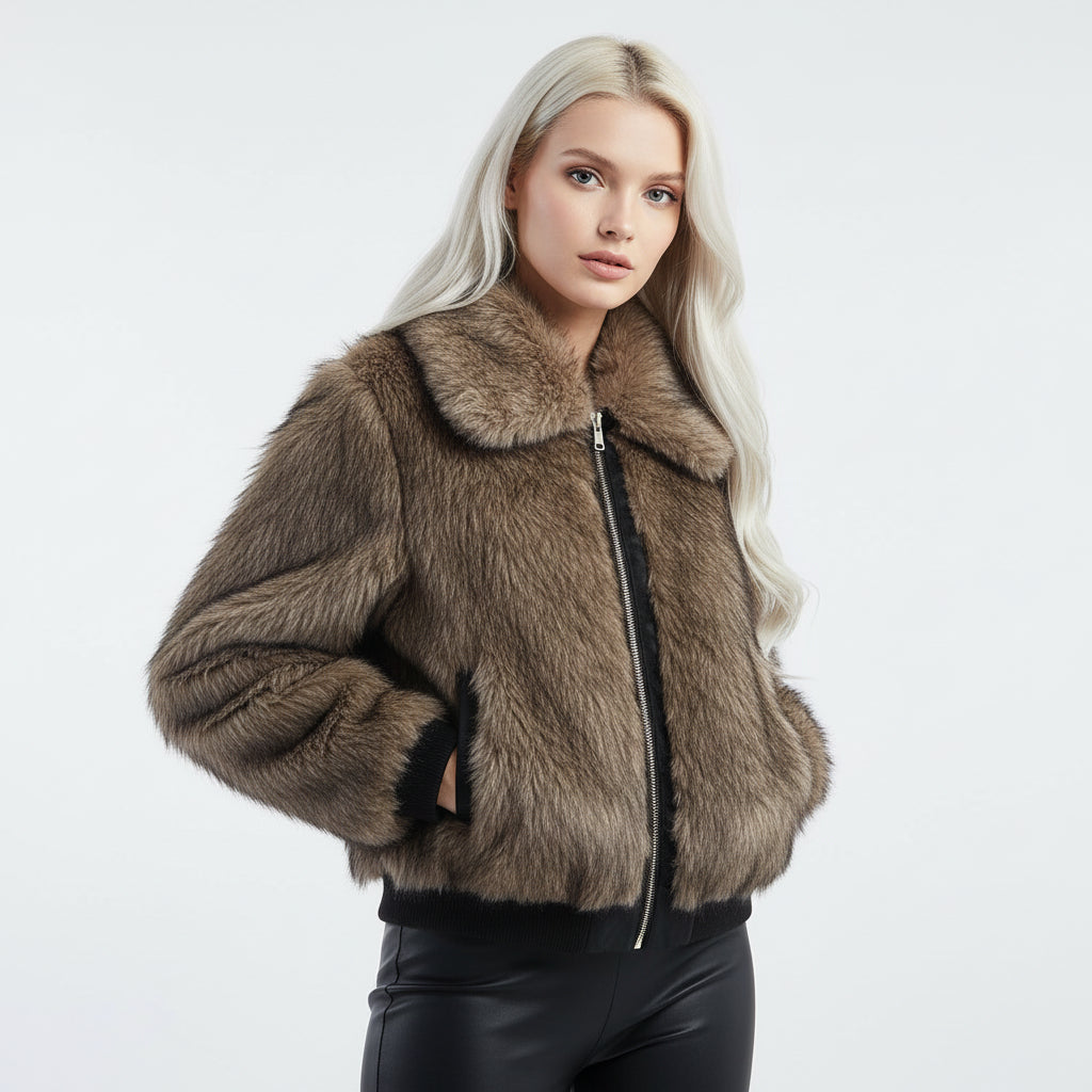 Women's Fashion Color Contrast Fur Coat