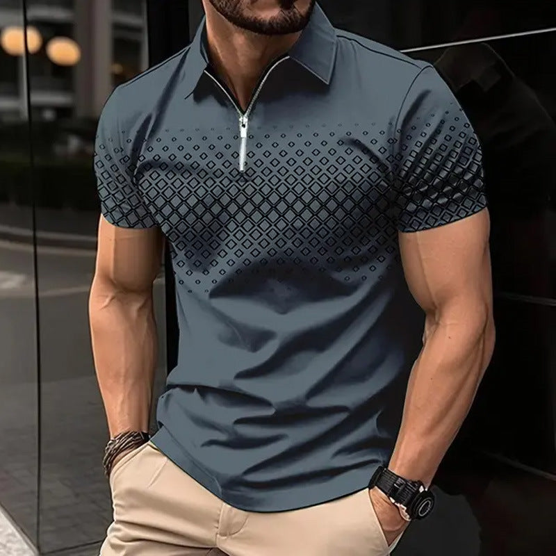 Men's Zipper Polo Shirt Casual Short Sleeve