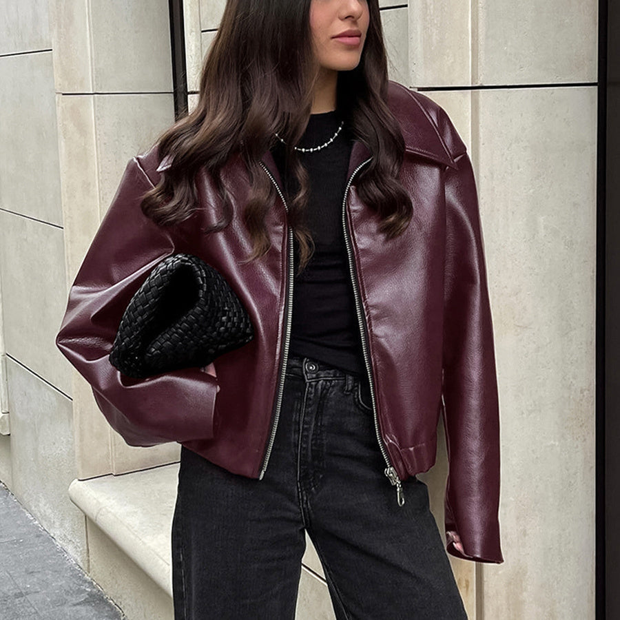 Casual Long Sleeve Leather Coat