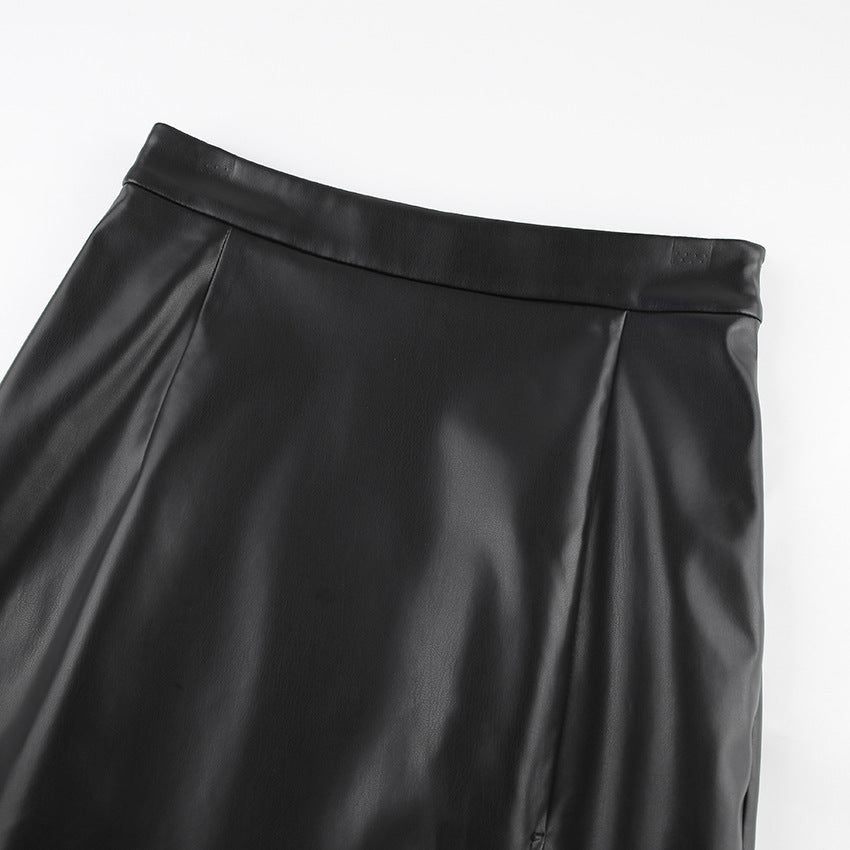 Slit Leather Sexy Mid Length High Waist Skirt