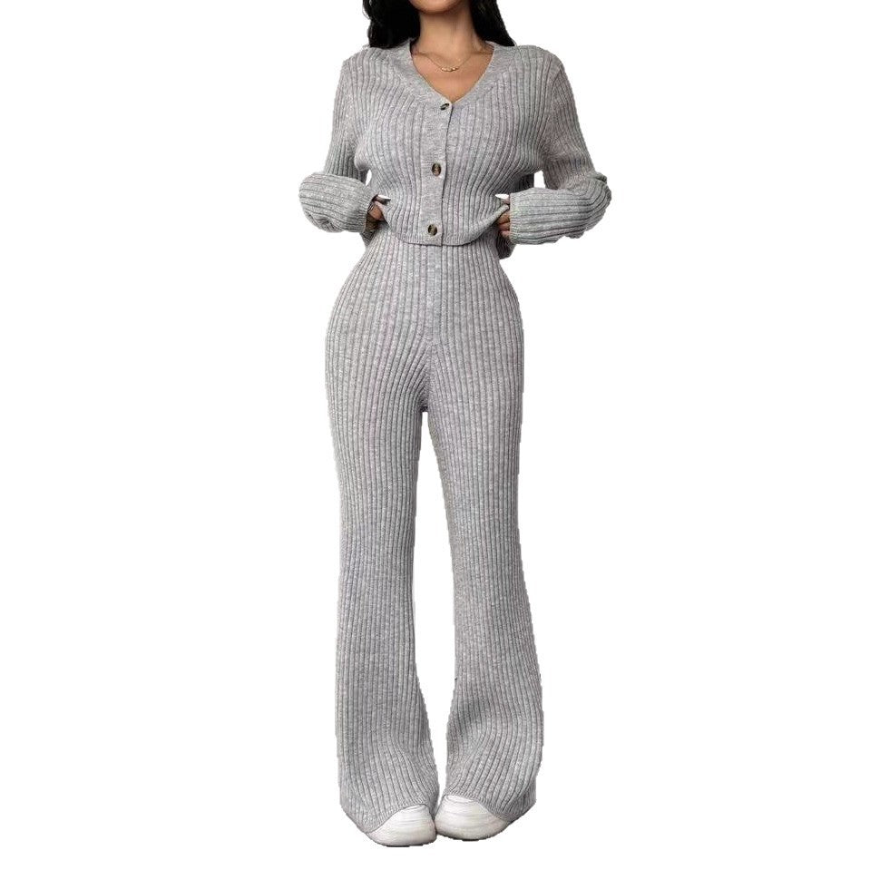 Solid Color Knitted Two-piece Women's V-neck Short Knitted Cardigan Bootcut Trousers Versatile Casual Women's Clothing