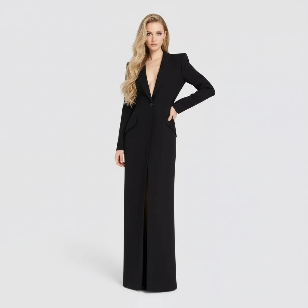 Elegant One Button Long Slim Black Suit Large Coat