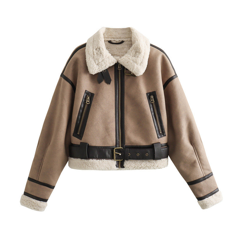 Women's Loose Long Sleeve Lamb Wool Splicing Coat