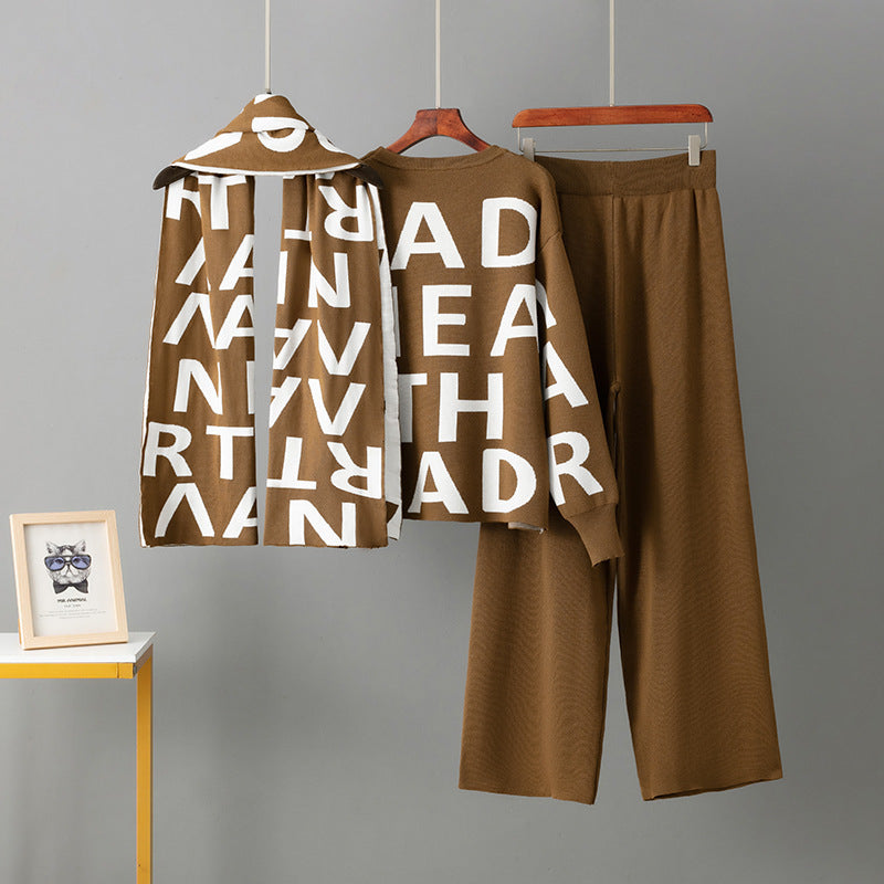 Elegant Knitting Suit Letter Shawl Woolen Round Neck Casual Wide Leg Pants