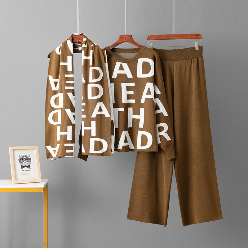 Elegant Knitting Suit Letter Shawl Woolen Round Neck Casual Wide Leg Pants