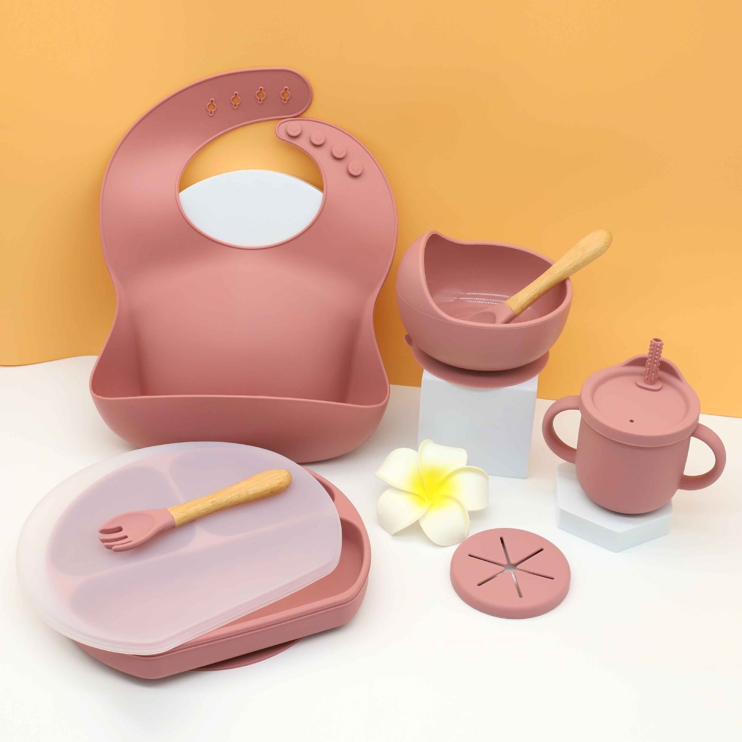 Silicone Kids Bib Bowl Dinner Plate Mat Spoon Fork Set