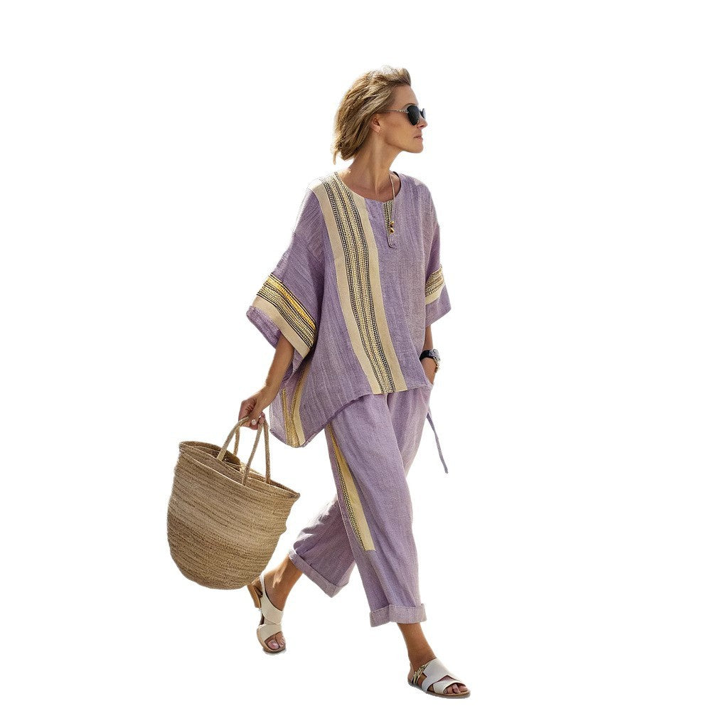 Summer Striped Suits Loose Batwing Sleeve T-shirt And Solid Straight-leg Pants