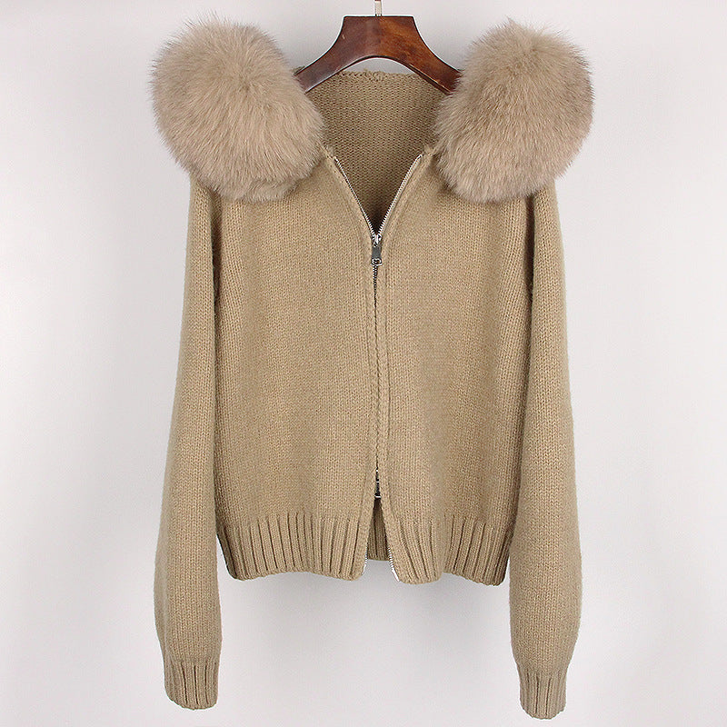 Leisure Hooded Real Fox Fur Collar Fashion All-match Sweater Outer Fur Coat