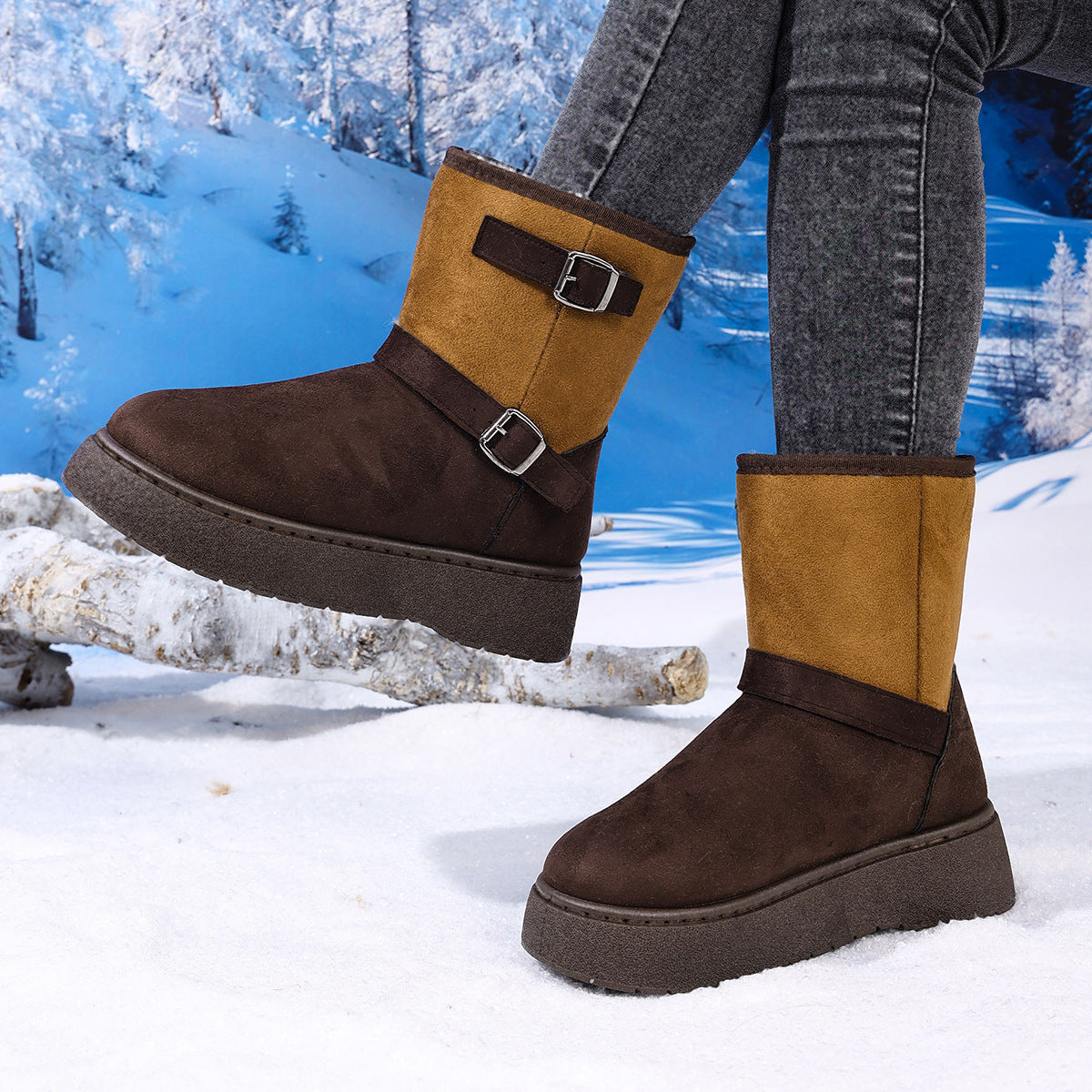 Round Toe Fashionable And Comfortable Furry Slip-on Snow Boots For Women