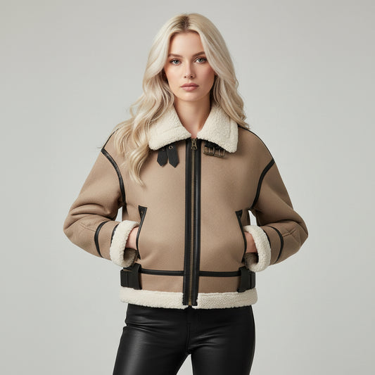 Women's Loose Long Sleeve Lamb Wool Splicing Coat