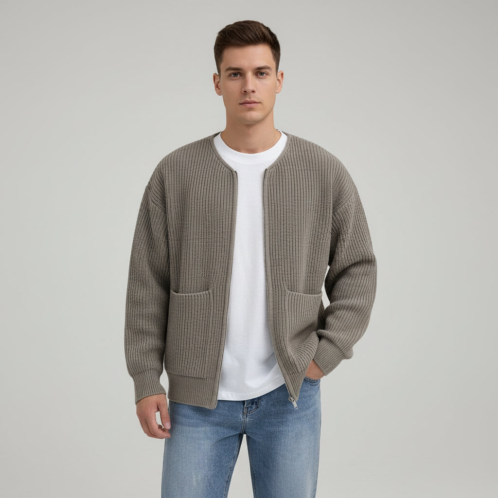 Men Zip Up Knitted Cardigan Lined Funnel Neck Jumper Sweater Pockets Coat All Seasons Comfortable Soft Long Sleeve