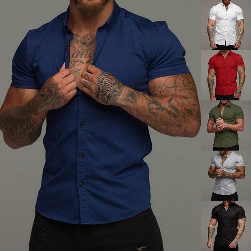 Short Sleeve Lapel Shirt Elastic Thin Solid Color
