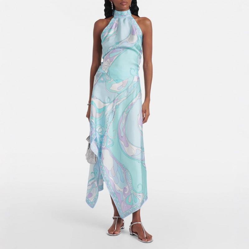 Printed Satin Halter Backless Top Irregular Skirt Two-piece Suit