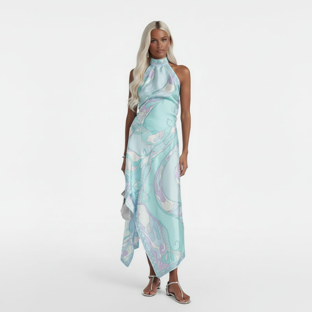 Printed Satin Halter Backless Top Irregular Skirt Two-piece Suit