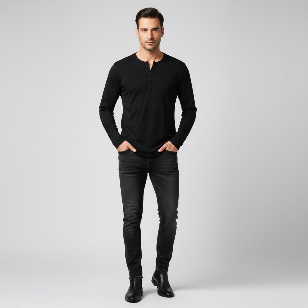 Men's Long-sleeved T-shirt Fashion Casual Solid Color Pullover Button Top Autumn And Spring Clothing