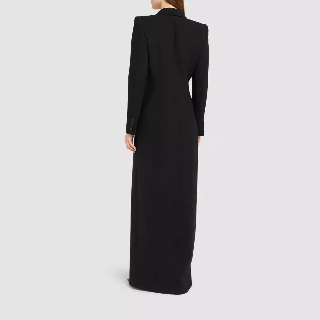 Elegant One Button Long Slim Black Suit Large Coat